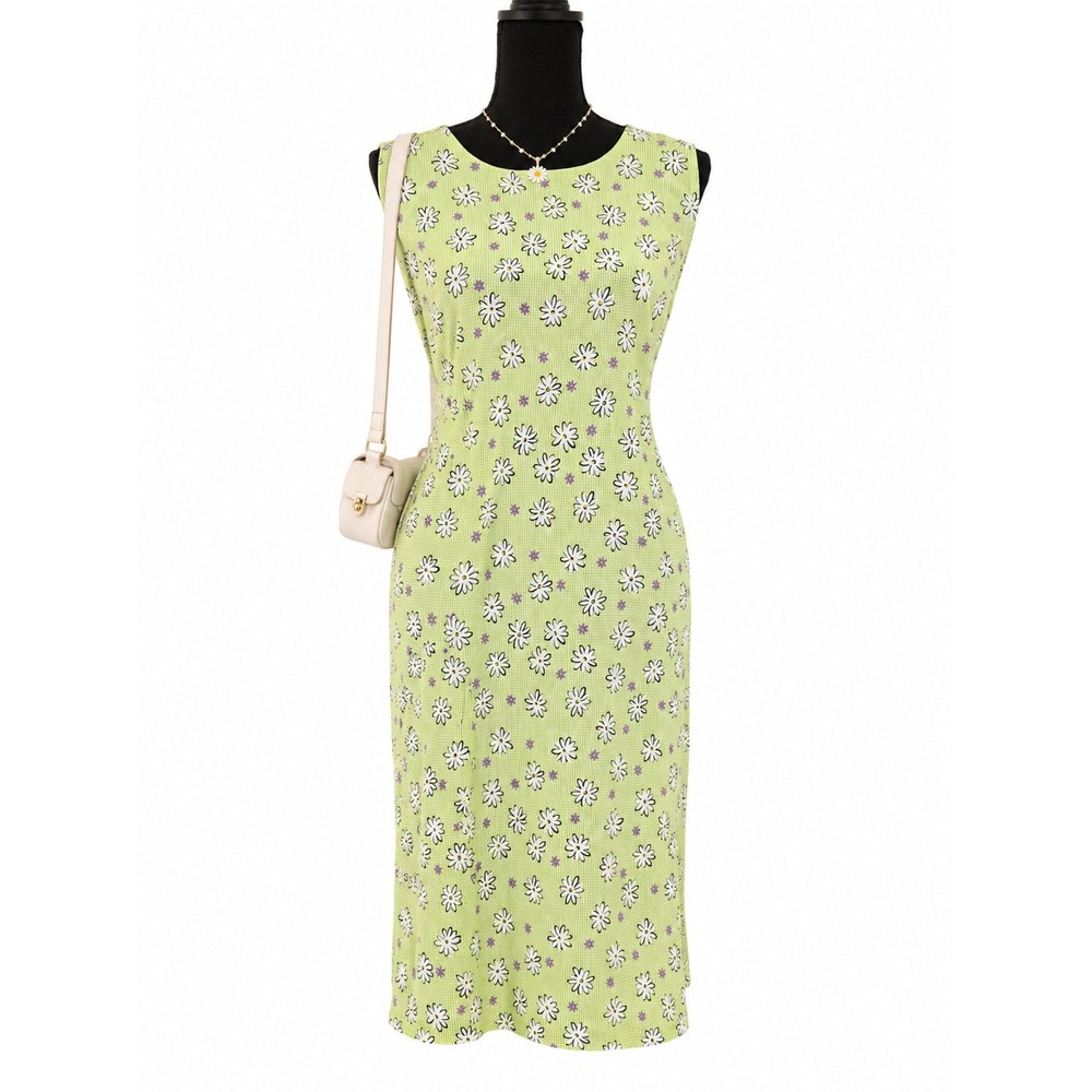 Vintage 90s Y2K California Concepts Green Gingham Daisy Floral Dress Size 22
